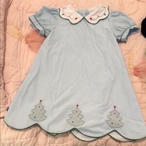 Blue Kids Dress with Christmas Tree Design